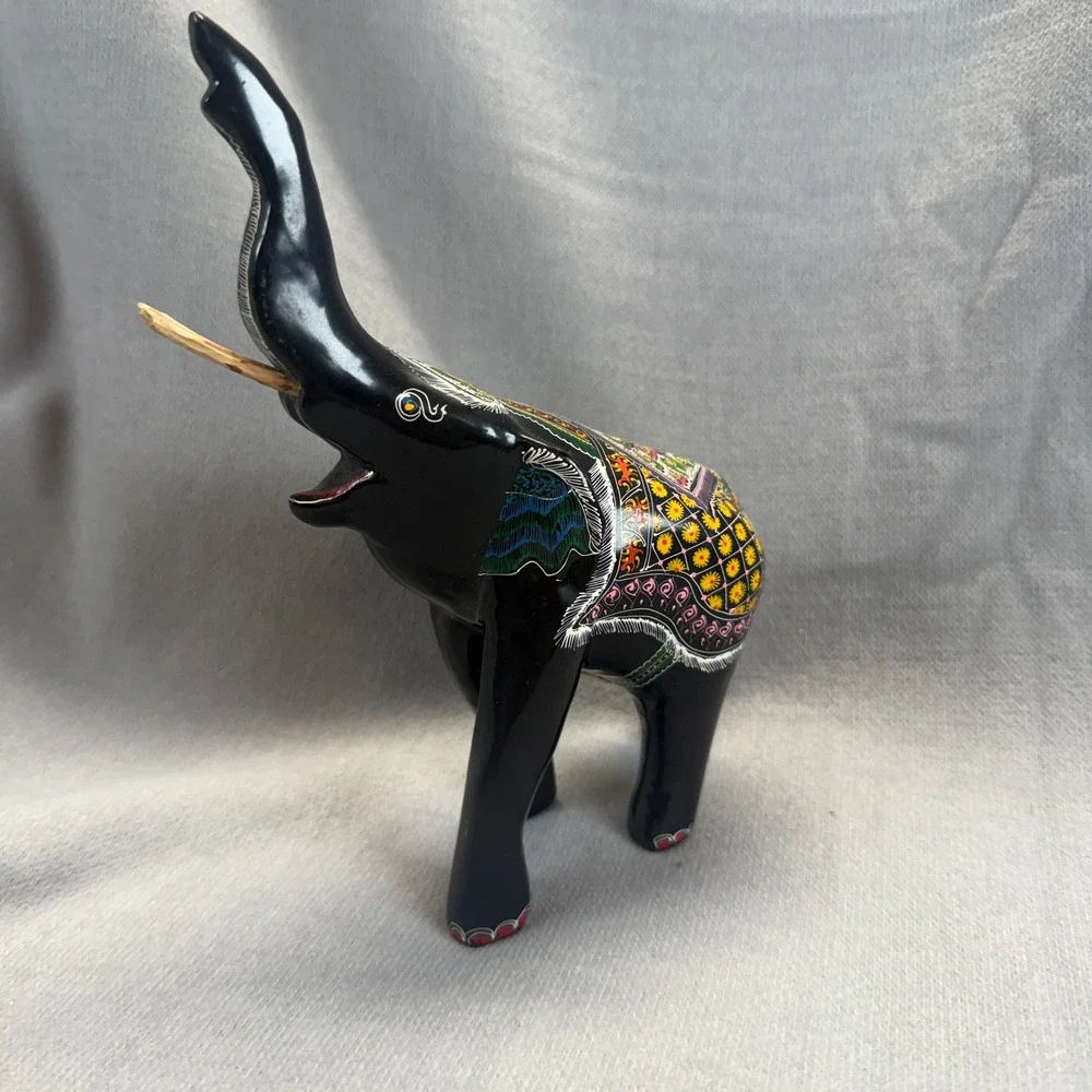 Hand Painted Elephant Figurine Black Multi Color Trunk Up Good Luck Folk Art
